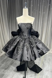 Strapless Satin A-Line Lace Appliques Homecoming Dress With Bow