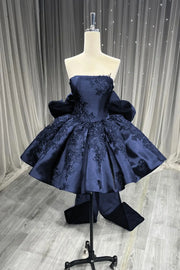 Strapless Satin A-Line Lace Appliques Homecoming Dress With Bow