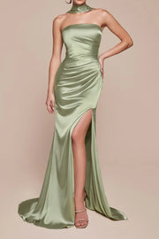 Strapless Satin Fitted With Side Slit Long Bridesmaid Dress