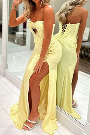 Strapless Satin Mermaid Beaded Party Prom Dress