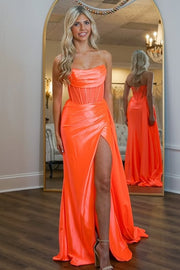 Strapless Satin Mermaid Ruched Party Prom Dress With Slit