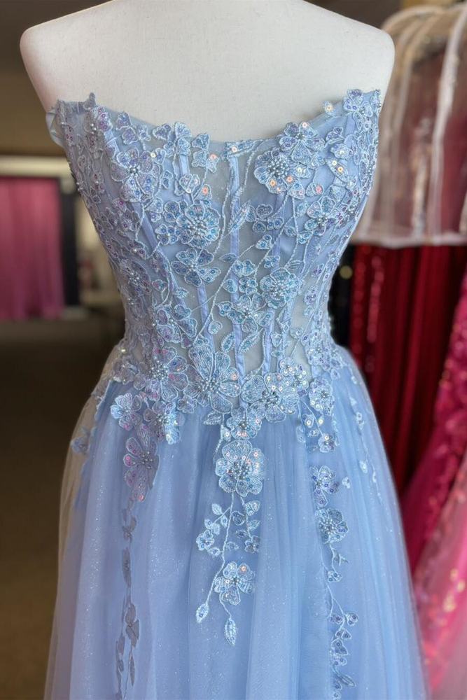 Strapless Tulle A-Line Appliques Glitter Prom Dress