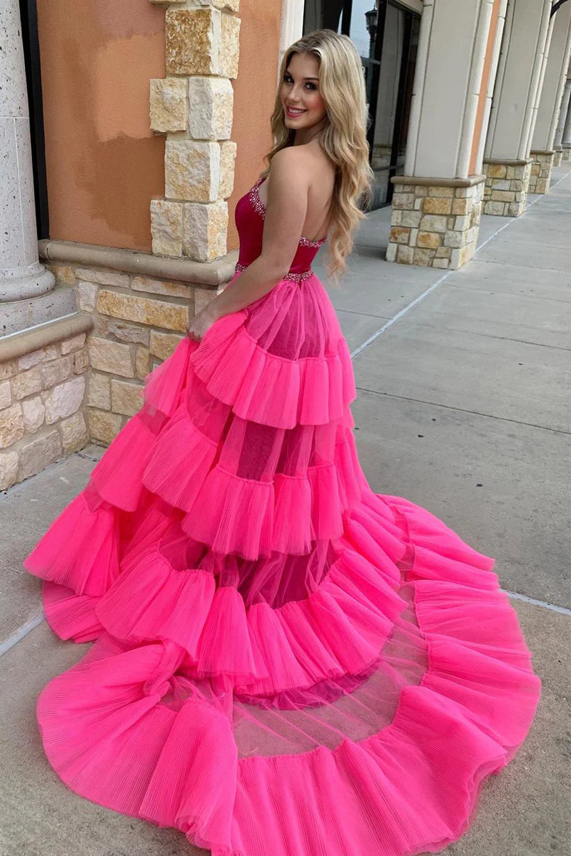 Strapless Velvet Prom Dress With Tiered Tulle Train