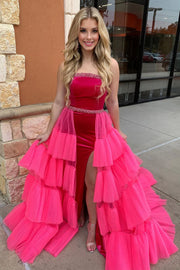 Strapless Velvet Prom Dress With Tiered Tulle Train