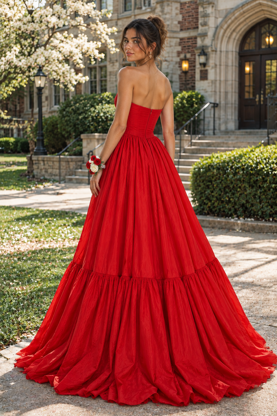 Strapless With Floral Empire A-Line Zipped Long Party Prom Dress