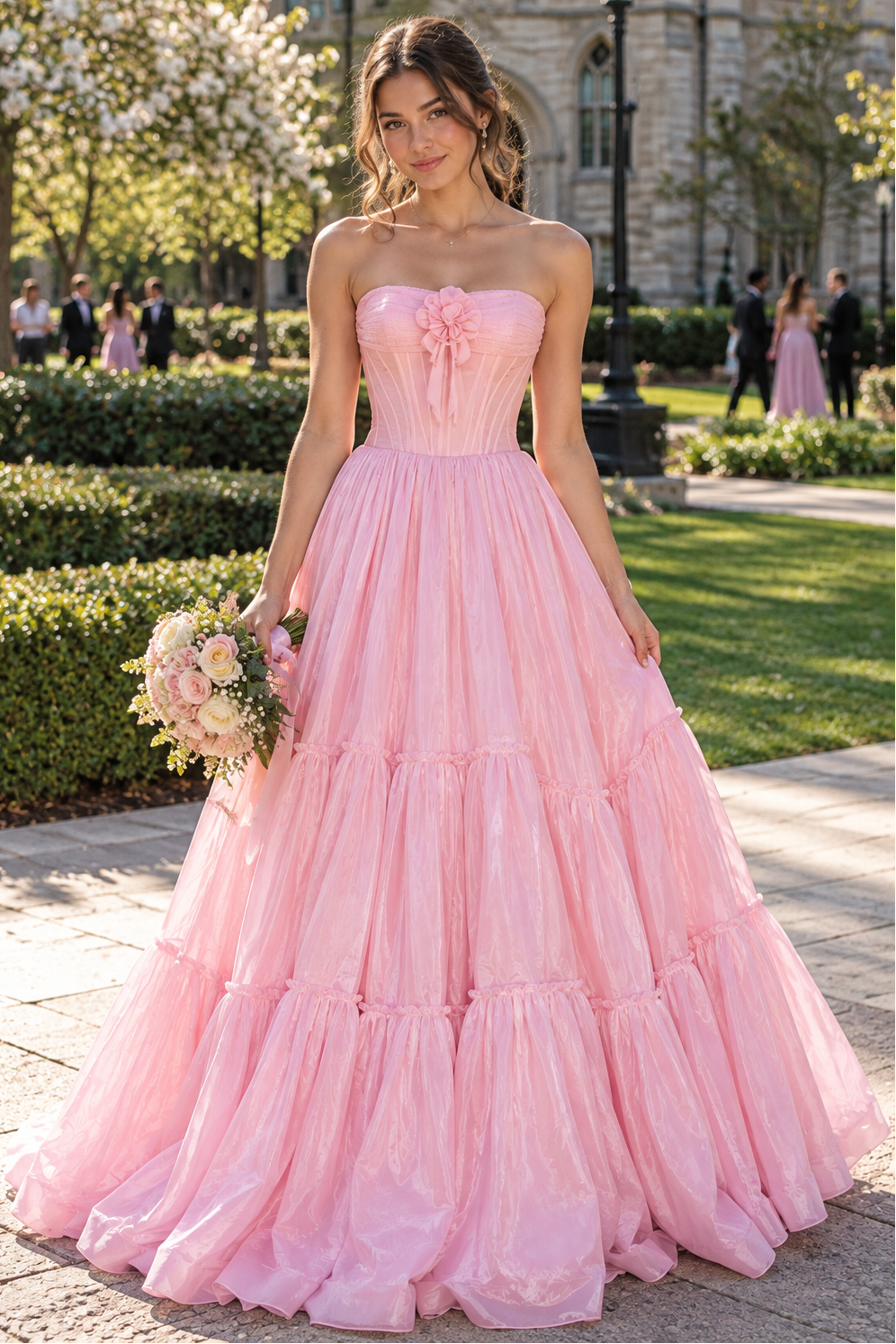 Strapless With Floral Empire A-Line Zipped Long Party Prom Dress