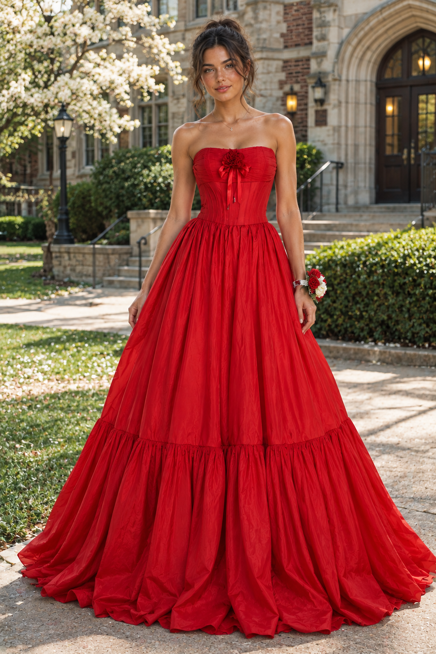 Strapless With Floral Empire A-Line Zipped Long Party Prom Dress