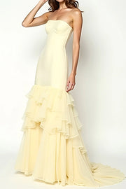 Strapless Zipper -Up A-Line Party Prom Dress With Tiered Chiffon Train