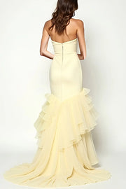 Strapless Zipper -Up A-Line Party Prom Dress With Tiered Chiffon Train