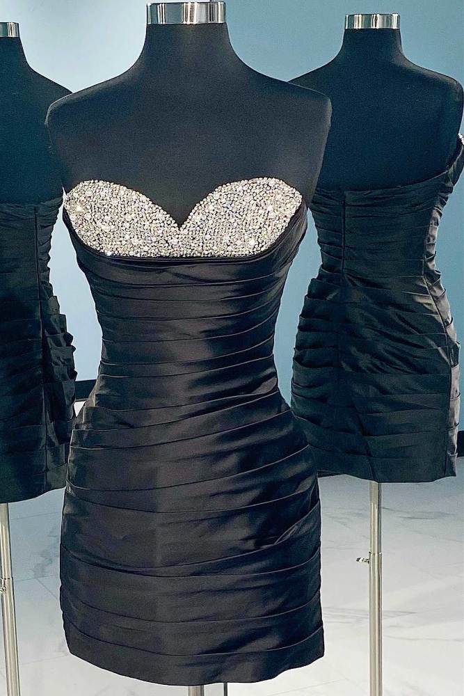Strapless Black Beaded Pleated Homecoming Dress full shot close up black color