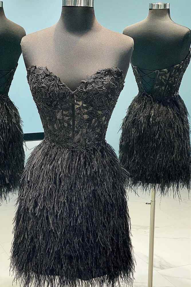 Strapless Black Short Homecoming Dress with Feather close up shot front side