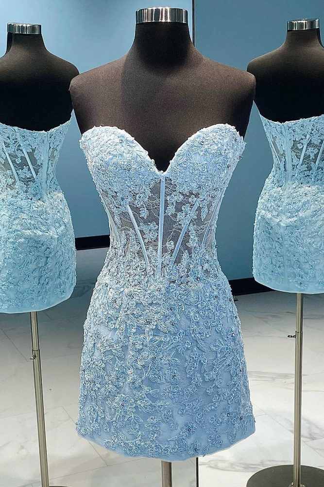 Strapless Blue Applique Short Homecoming Dress close up full shot blue color