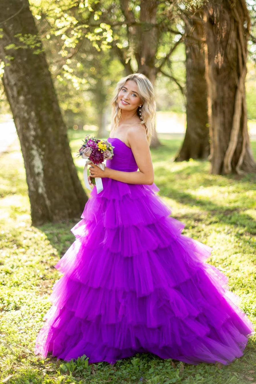 Pleated Strapless Tulle A-Line Tiered Long Party Prom Dress