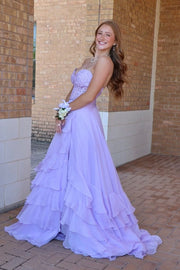 Chiffon A-Line Sweetheart Strapless Tiered Party Prom Dress