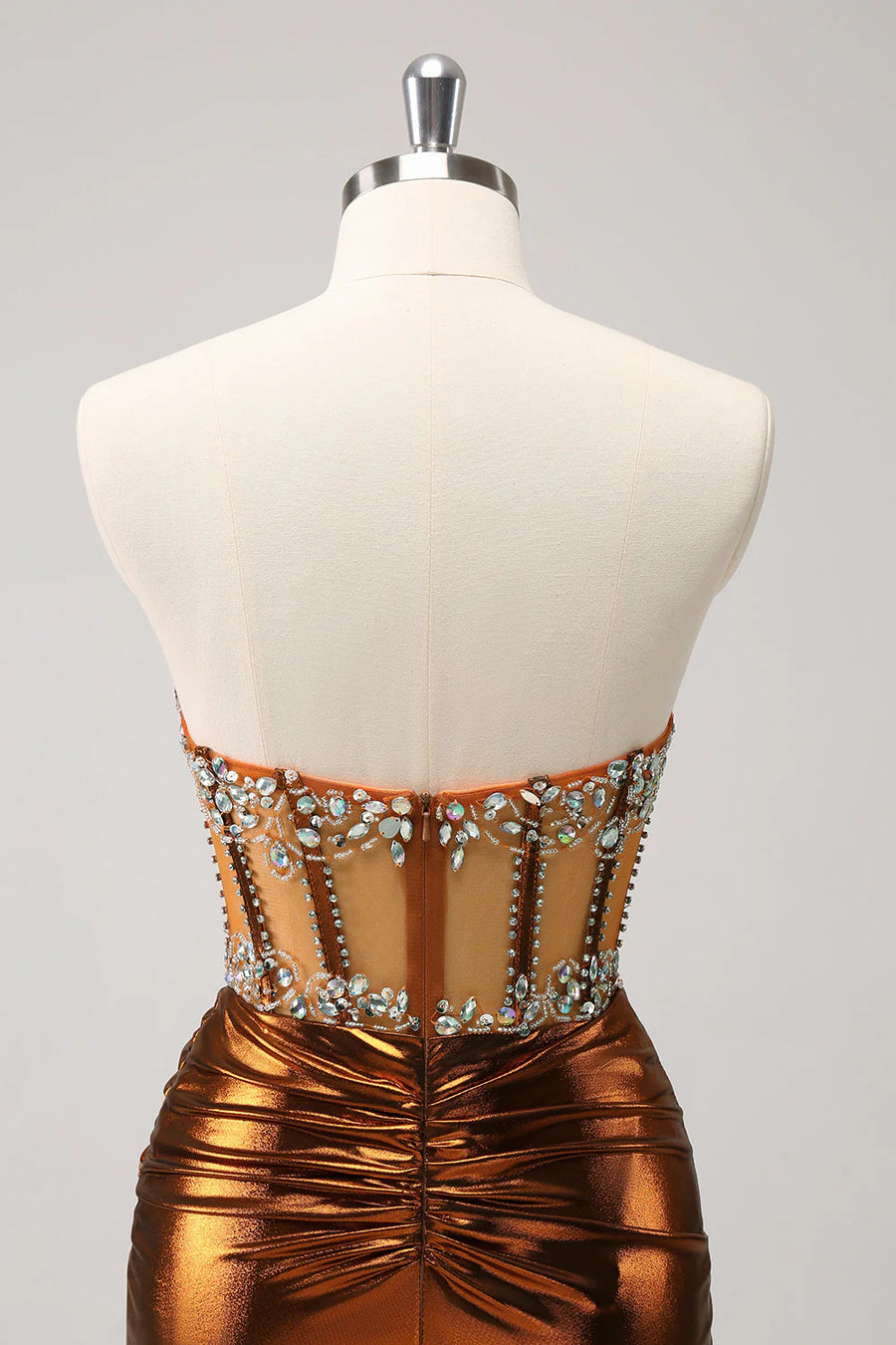 Strapless Sheath Beaded Empire Satin Back View