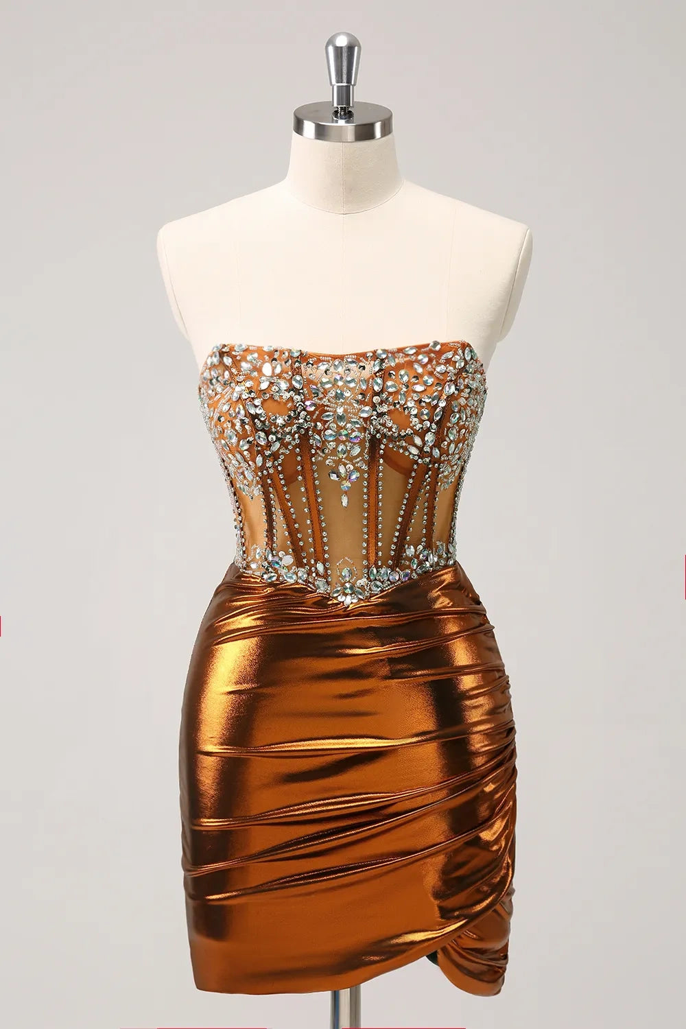 Strapless Sheath Beaded Empire Satin Back View Front View