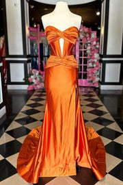 Strapless Twisted Knot Satin Mermaid Prom Dress with Slit Full Shot Front Side