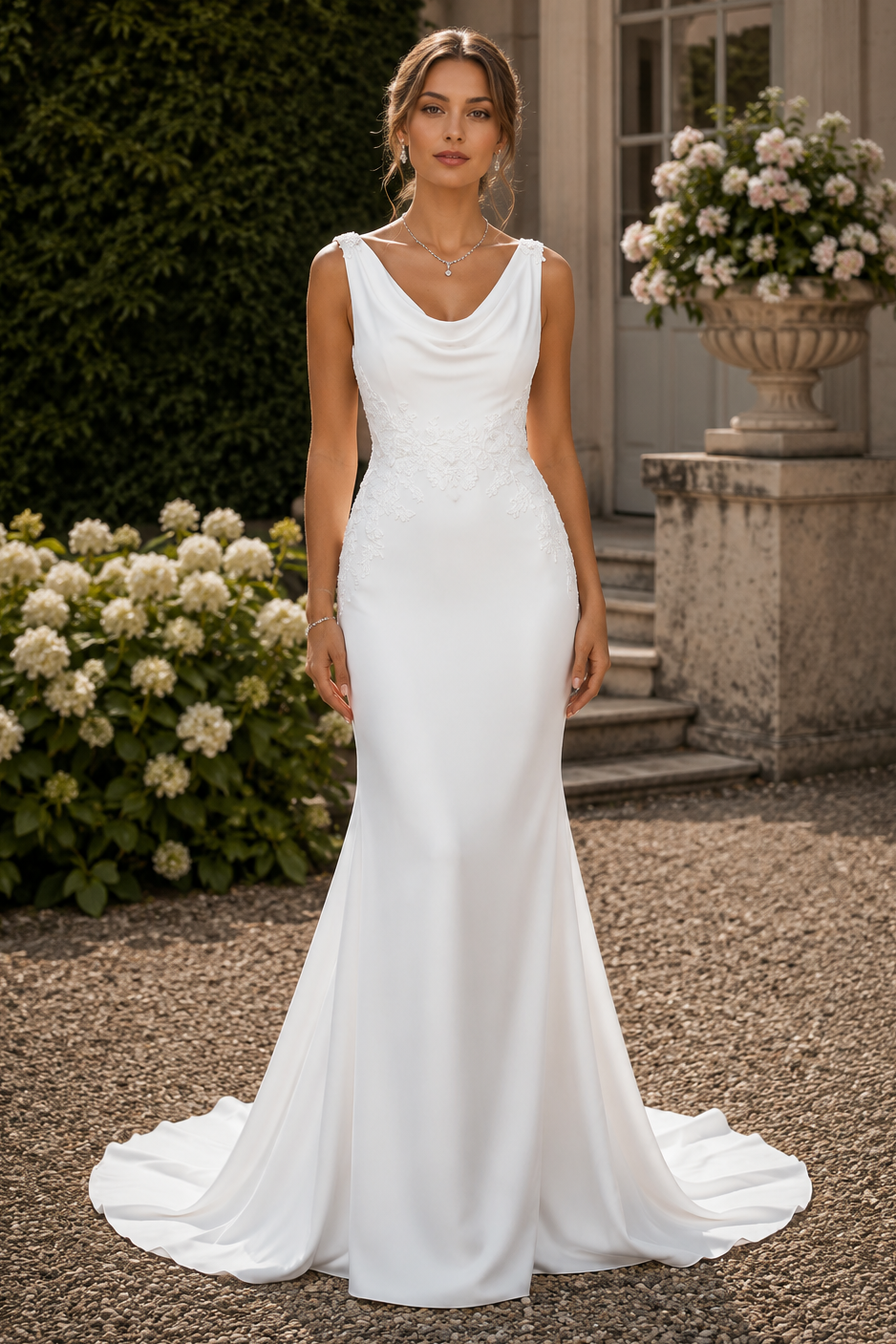Straps Backless Mermaid Satin Lace Appliques Elegant Wedding Dress