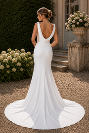 Straps Backless Mermaid Satin Lace Appliques Elegant Wedding Dress