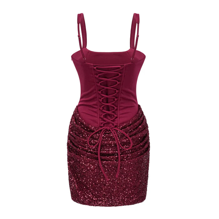 Straps Bodycon Satin And Sequin Ruched Mini Party Homecoming Dress