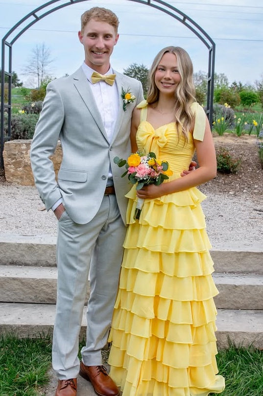 Straps Chiffon A-Line Empire Tiered Floor-Length Party Prom Dress