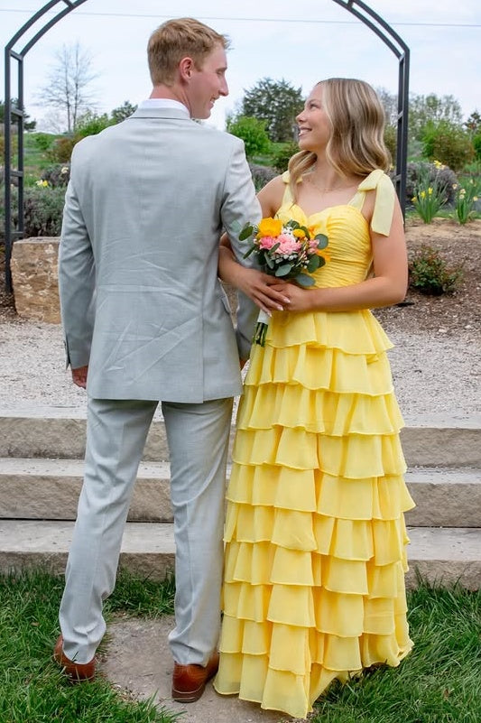 Straps Chiffon A-Line Empire Tiered Floor-Length Party Prom Dress