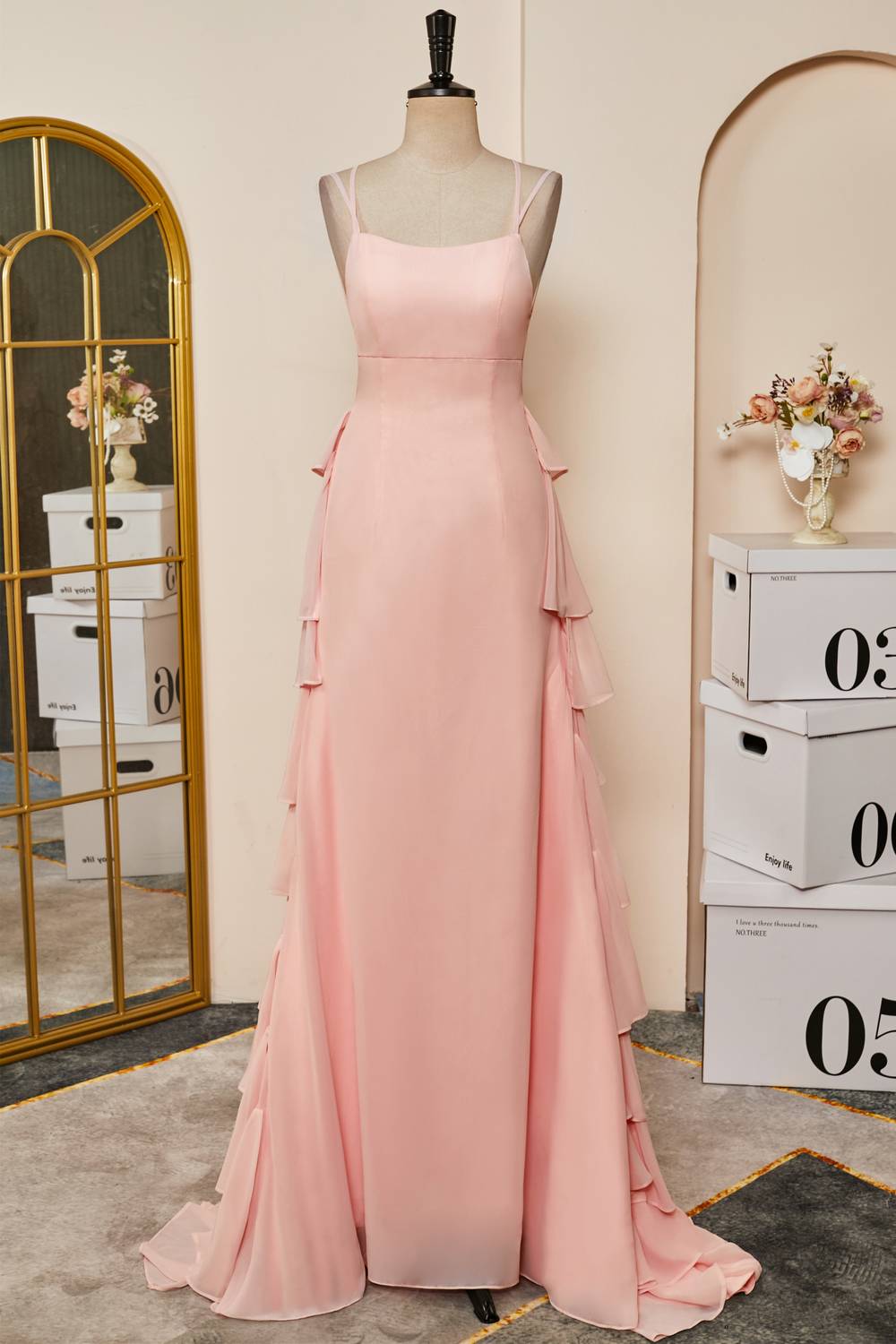 Pink Lace-Up Mermaid Layers Chiffon Long Prom Dress