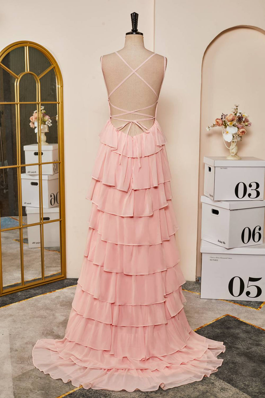 Pink Lace-Up Mermaid Layers Chiffon Long Prom Dress Pink / US 14