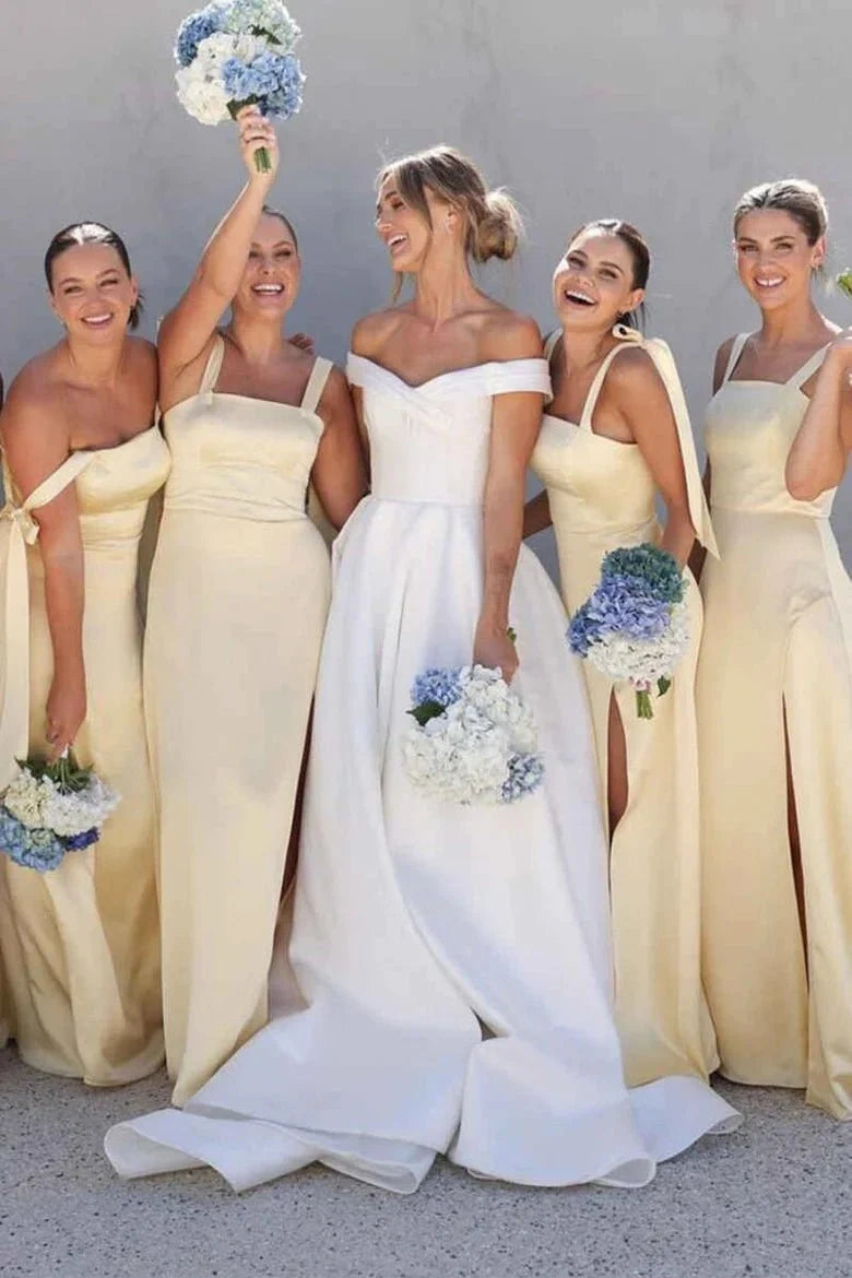 Straps Sleeveless A-Line Satin Leg Slit Bridesmaid Dress