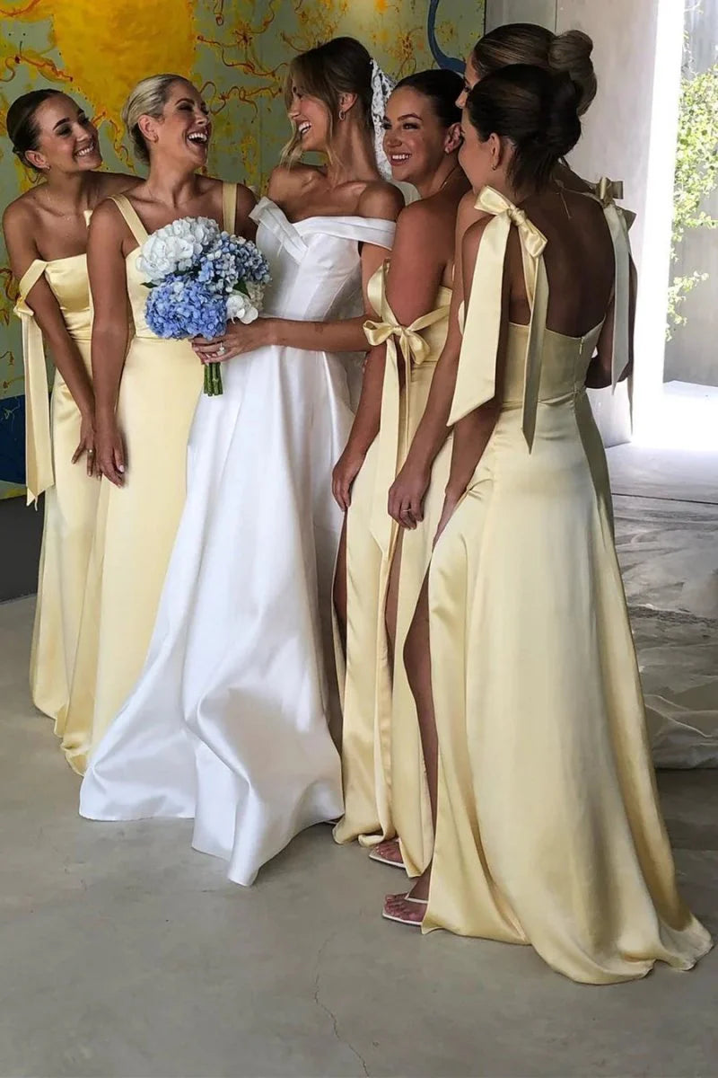 Straps Sleeveless A-Line Satin Leg Slit Bridesmaid Dress