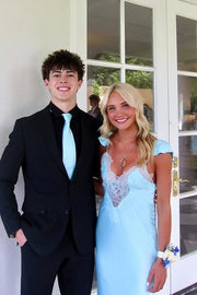 Straps V-Neck Satin And Lace Sheath Long Party Prom Dress 