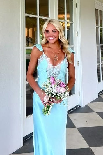 Straps V-Neck Satin And Lace Sheath Long Party Prom Dress 