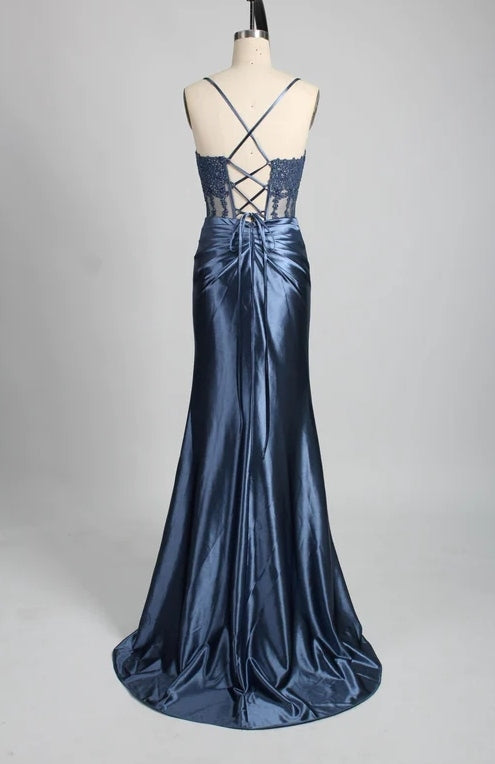 Straps Appliques Satin Mermaid Prom Dress With Slit backside
