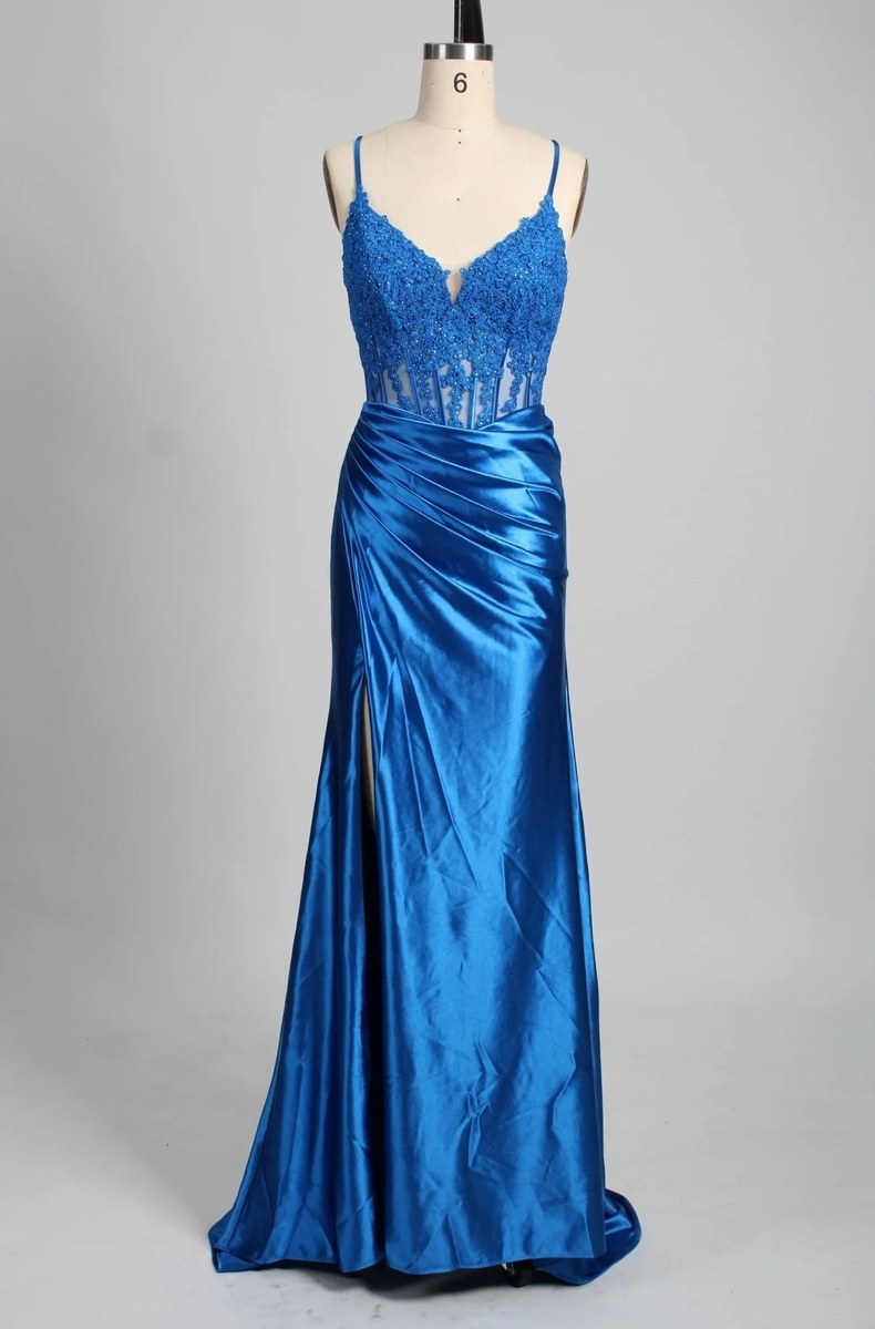 Straps Appliques Satin Mermaid Prom Dress With Slit frontside