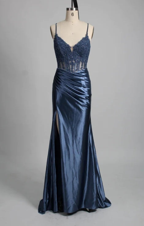 Straps Appliques Satin Mermaid Prom Dress With Slit grey blue joyofdress product image