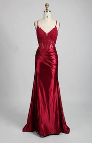 Straps Appliques Satin Mermaid Prom Dress With Slit red colour