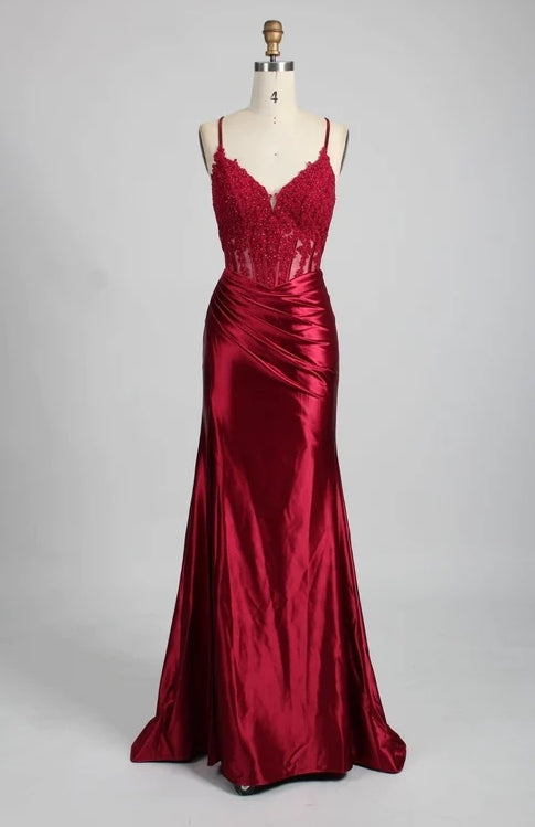 red satin slit prom dress With Slit Red Silk Party Dress Long Red Silk Dress With Slit Simple Red Satin Spaghetti