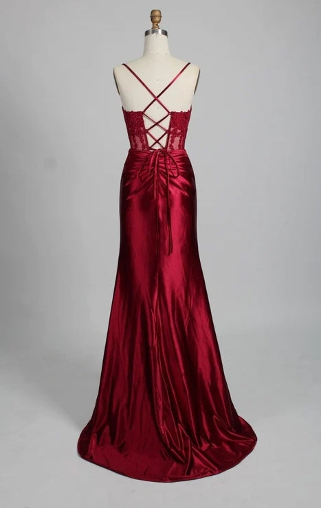 Straps Appliques Satin Mermaid Prom Dress With Slit Red / US 4 Straps Appliques Satin Mermaid Prom Dress With Slit Red / US 4