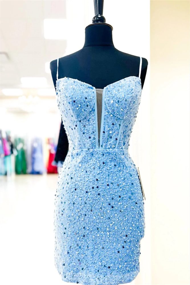 Straps Blue Sequins Bodycon Homecoming Dress front side full shot closeup image