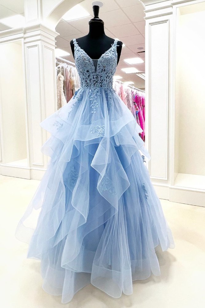 Straps Light Blue Applique A-Line Layers Prom Dress front full shot