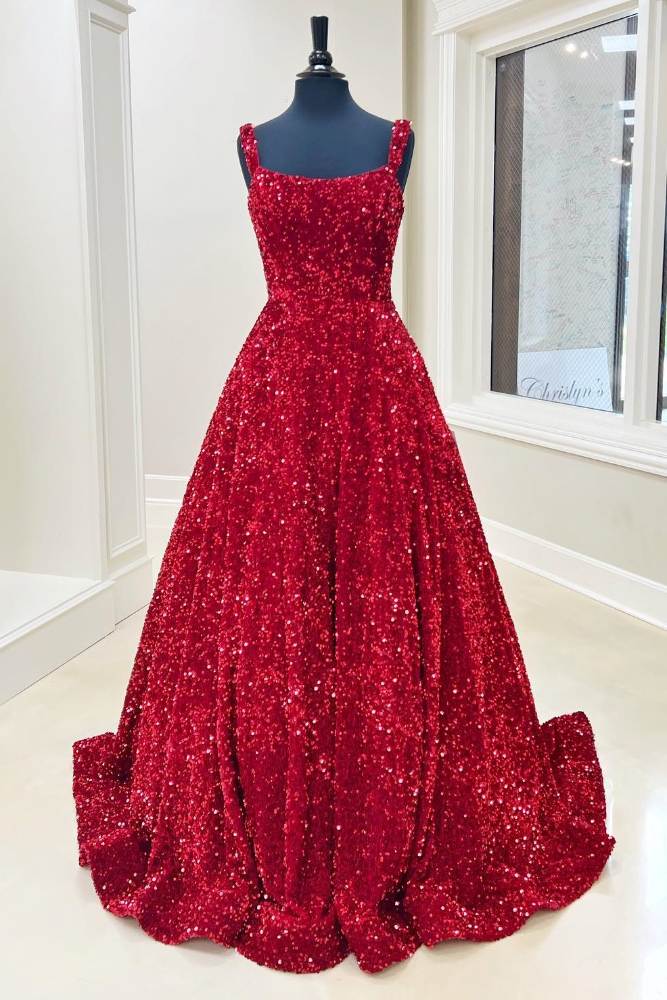 Straps Red Sequin A-Line Long Prom Dress Full Shot Front Side
