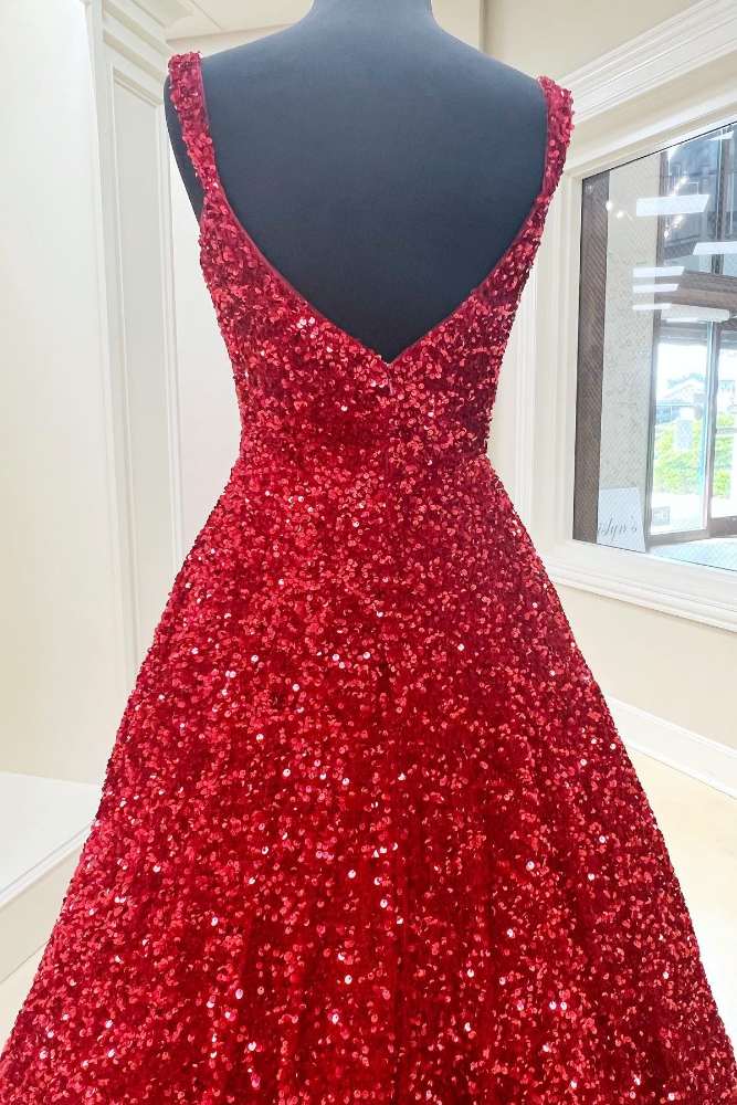 Straps Red Sequin A-Line Long Prom Dress close up back side