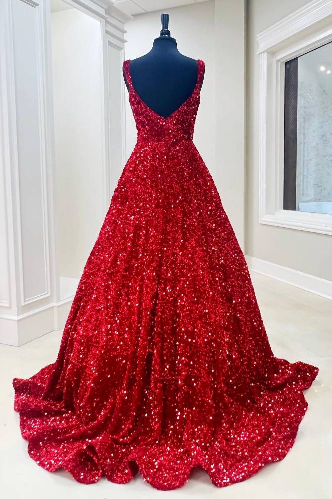 Straps Red Sequin A-Line Long Prom Dress red color full shot