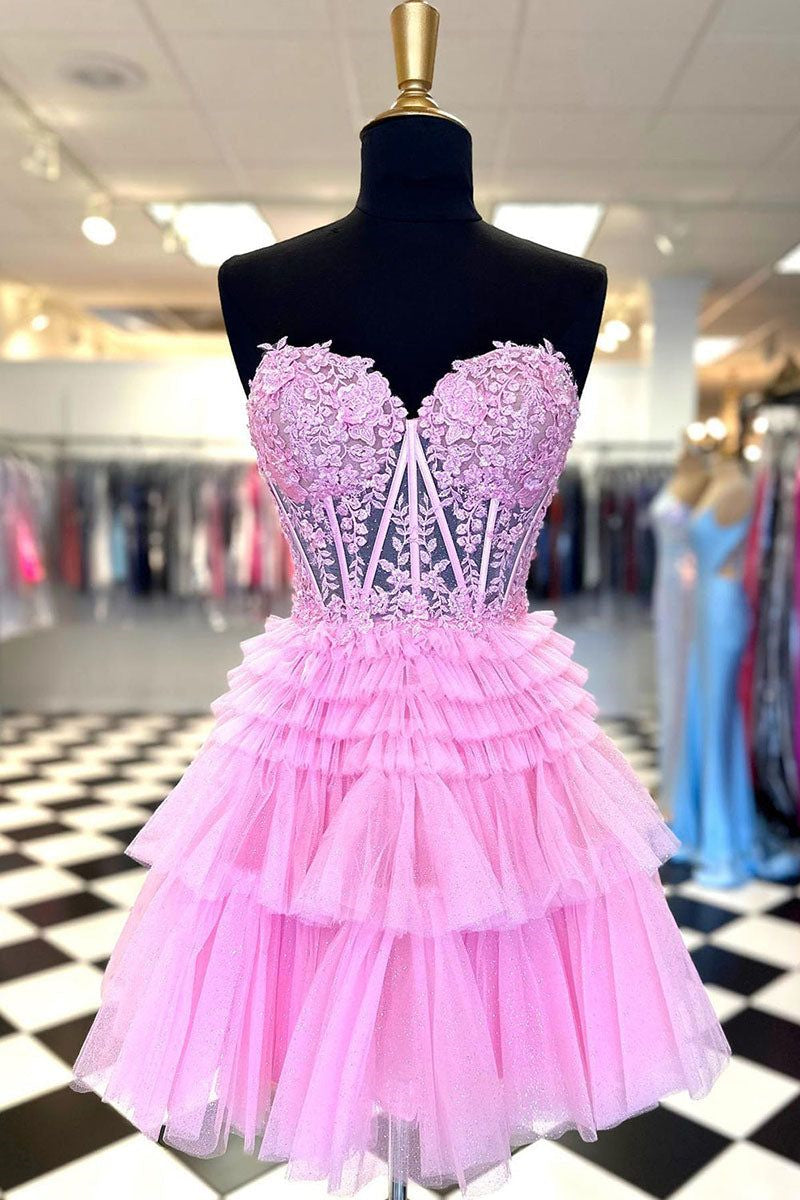 Red Strapless Appliques A-line Multi-Layers Homecoming Dress