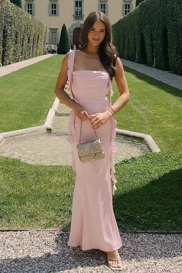 Classic Satin Ruffle Straps Open Back Long Party Prom Dress