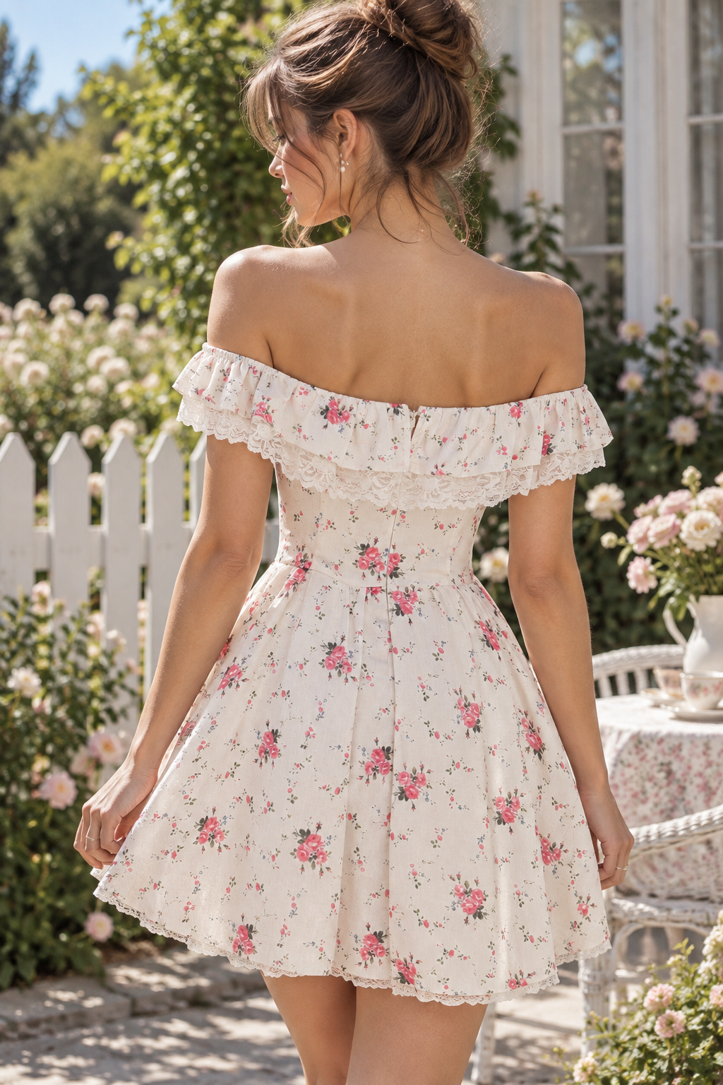 Sweet Ruffle Off-Shoulder Floral Print Satin A-Line Summer Party Homecoming Dress