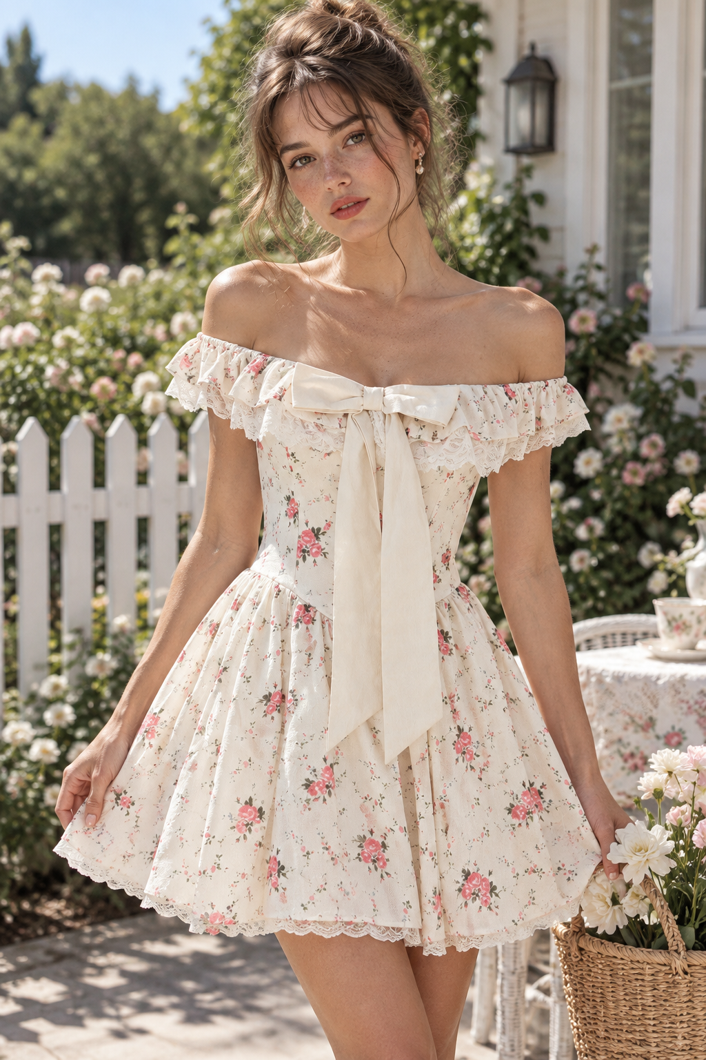 Sweet Ruffle Off-Shoulder Floral Print Satin A-Line Summer Party Homecoming Dress