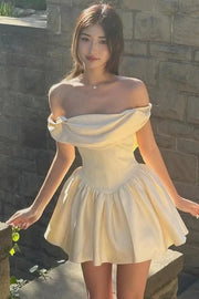 Sweet Satin A-Line Off-Shoulder Lace-Up Pleated Short Homecoming Dress