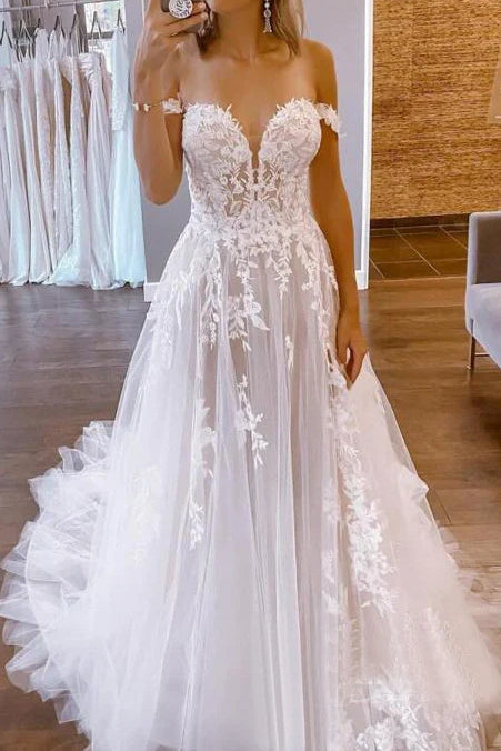 Sweetheart Off-Shoulder Empire Sheer Appliques Wedding Dress