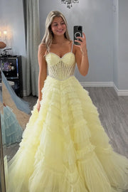 Sweetheart Beaded Straps Tiered Tulle A-Line Party Prom Dress